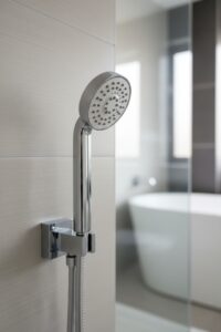 A chrome handheld shower head is mounted on a light-colored tiled wall in a modern bathroom.