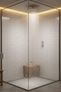 A modern glass-enclosed walk-in shower features a rainfall showerhead, white tiled walls, and a wooden bench inside.