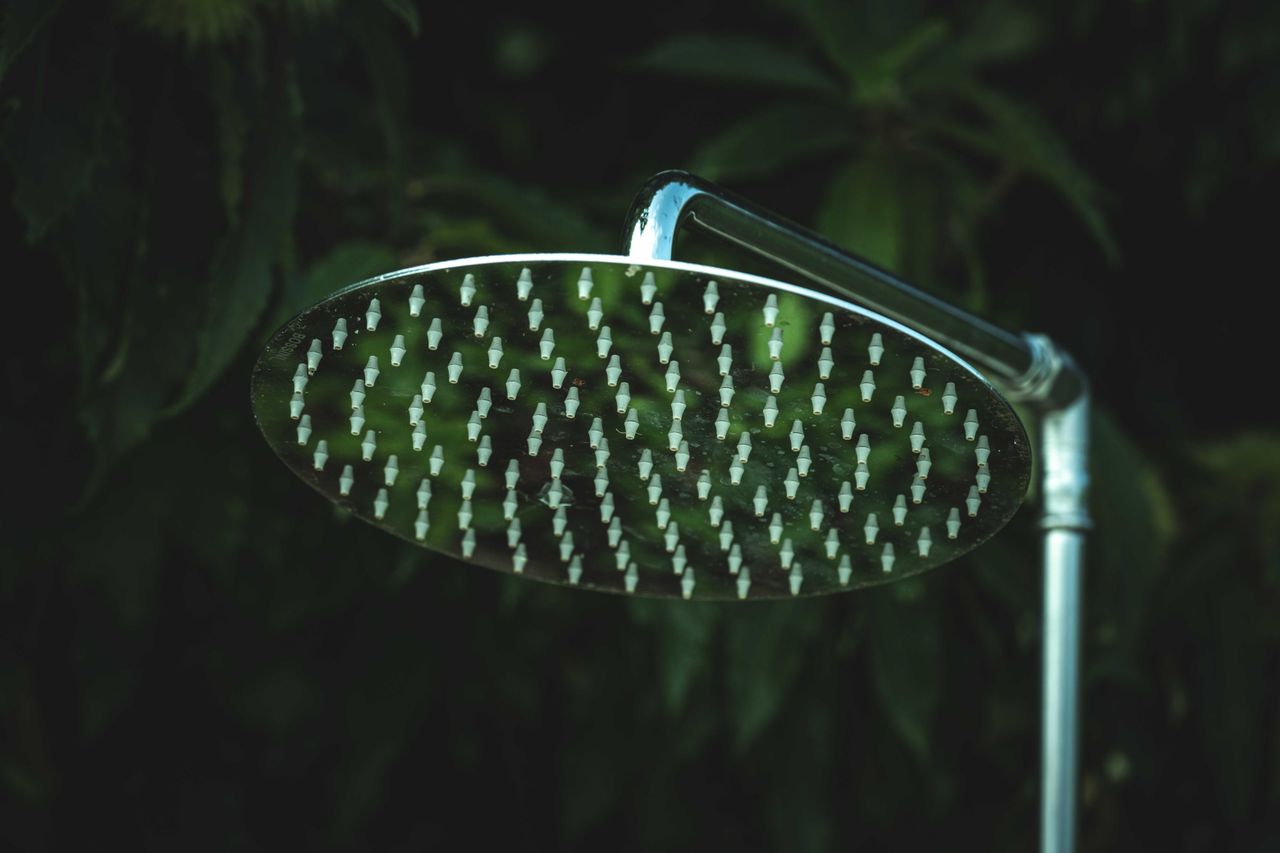 Crafting Captivating Headlines: Your awesome post title goes here A close-up of a silver shower head in front of lush green leaves, outdoors.
